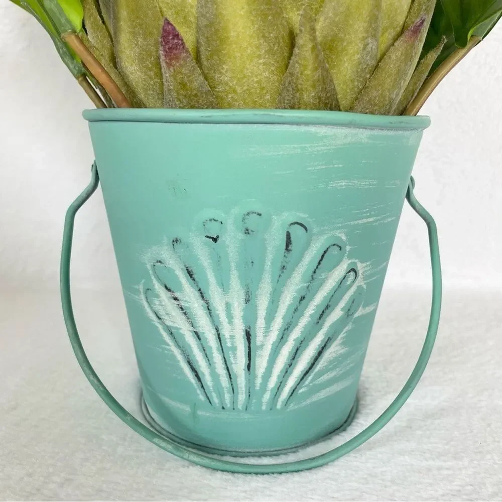 Handmade Artificial Protea in Seashell Bucket Floral Arrangement